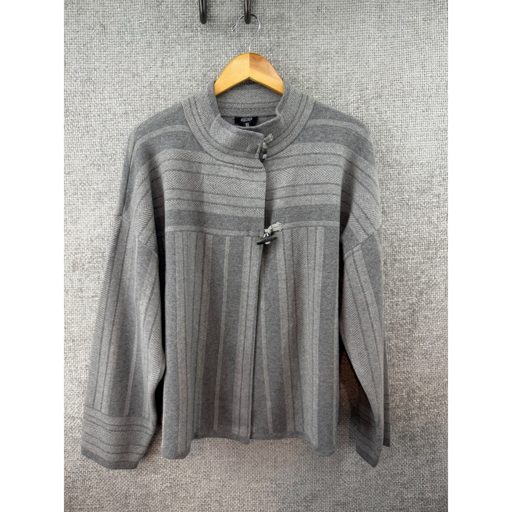 Jones New York Signature Women's Size Med Grey Stripe Toggle Cardigan Sweater